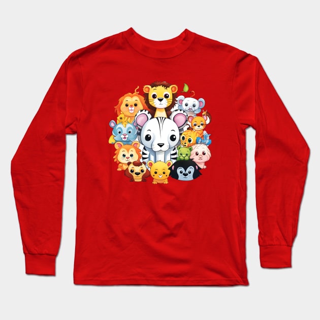 Joyful Assembly of Cartoon Jungle Animals for Kids Long Sleeve T-Shirt by AIHRGDesign